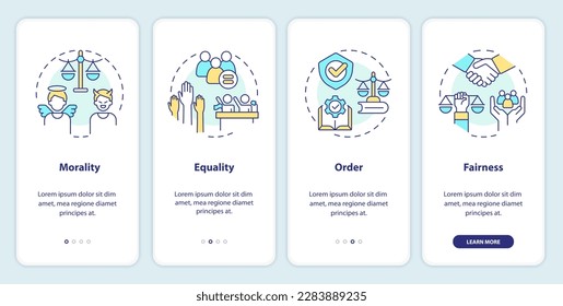 Law and justice ideas onboarding mobile app screen. Walkthrough 4 steps editable graphic instructions with linear concepts. UI, UX, GUI template. Myriad Pro-Bold, Regular fonts used