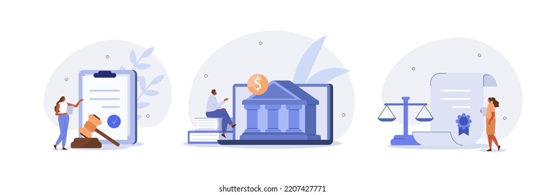 
Law and justice illustration set. Characters and lawyers signing contract, agreement or document. Public law consulting and legal advice concept. Vector illustration. svg
