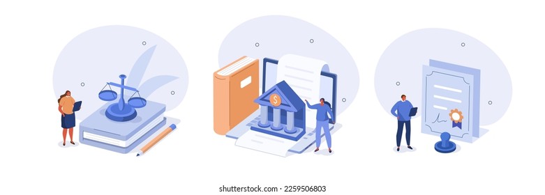 
Law and justice illustration set. Public lawyer and attorney signing contract, agreement or document and giving legal advice. Contract law, arbitration and court concept. Vector illustration. svg