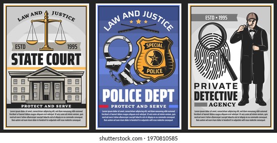 Law And Justice Institutions Retro Banners. State Court, Police Department And Private Detective Agency Posters. Court Building, Scales And Police Badge, Handcuffs, Magnifier And Fingerprint Vector