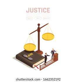 Law justice isometric background with images of weights with book and people with clickable text buttons vector illustration