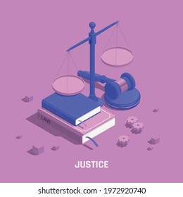 Law justice isometric colored composition abstract scales with books and attributes of a lawyer and a judge vector illustration