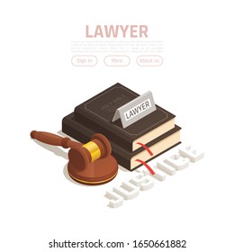 Law justice isometric composition with clickable buttons editable text and images of books and wooden hammer vector illustration