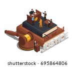 Law justice isometric composition with criminal trial in courtroom on bible with witness judge and policeman vector illustration 