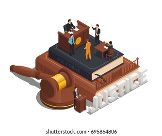 Law Justice Isometric Composition With Criminal Trial In Courtroom On Bible With Witness Judge And Policeman Vector Illustration 