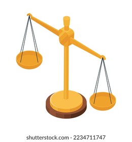 Composición isométrica de la justicia de ley con imagen aislada del elemento de juicio judicial en ilustración vectorial en blanco