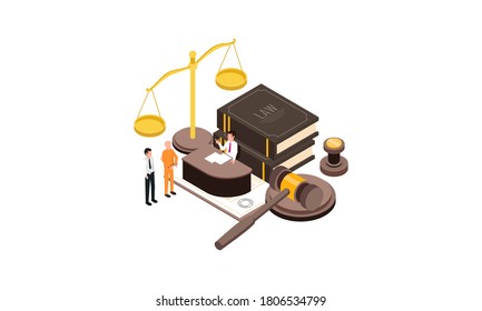 Law justice isometric composition with small people characters books of law gavel and golden weight vector illustration