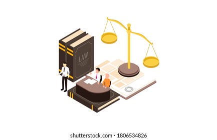 Composición isométrica de la justicia de ley con personajes pequeños libros de gavel de ley y de ilustración de vector de peso dorado