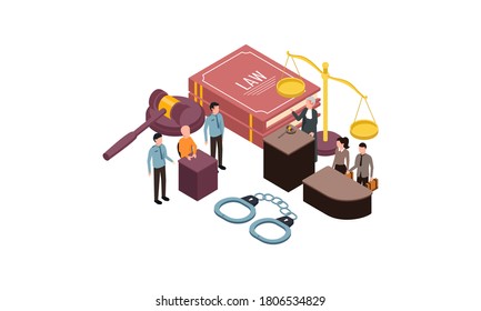 Law justice isometric composition with small people characters books of law gavel and golden weight vector illustration