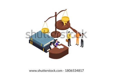 Law justice isometric composition with small people characters books of law gavel and golden weight vector illustration