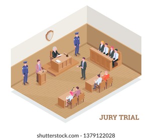 Law justice isometric composition with text and view of court room during session with human characters vector illustration