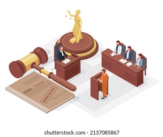 Law justice isometric concept, themis and judge hammer. Judge passes sentence vector illustration. Judge hammer and case concept. Legal justice and lawyer, law isometric