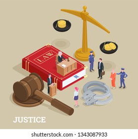 Law justice isometric conceptual composition with small people characters and huge icons process of law symbols vector illustration