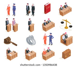 Law justice isometric icons collection of sixteen isolated images with human characters during sitting of court vector illustration