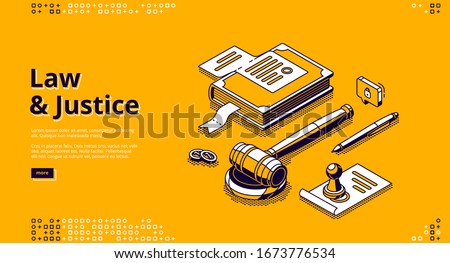 Law and justice isometric landing page. Gavel, constitution book, document with stamp, coins and pen lying on table. Punishment for crime, legal judgement, legislation 3d vector line art web banner