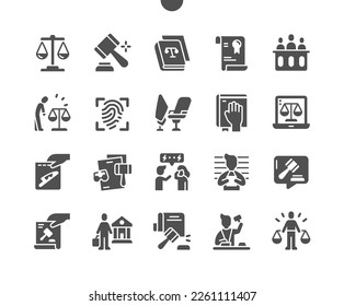 Law and justice. Judge chair. Conflict, criminal, fingerprint and verdict. Online justice. Law book. Vector Solid Icons. Simple Pictogram