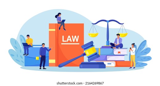 Law and justice. Judge scales and wood judge gavel. Wooden hammer with law code books. Legal and legislative authority. Jury trial, court proceedings. Vector design