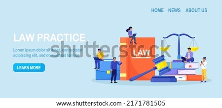 Law and justice. Judge scales and wood judge gavel. Wooden hammer with law code books. Legal and legislative authority. Jury trial, court proceedings. Vector design