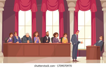 Law justice jury composition with doodle human characters of attorney and trial jury indoor session members vector illustration