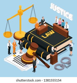 Law justice jury trial legal court proceedings isometric composition with gavel balance defendant judge police vector illustration svg