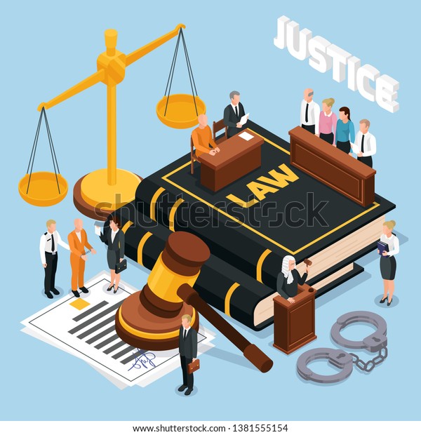 Law justice jury trial legal court\
proceedings isometric composition with gavel balance defendant\
judge police vector\
illustration