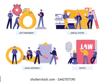 Law justice legal assistance judicial penitentiary system concept 4 flat compositions with fingerprint handcuffs detective vector illustration 