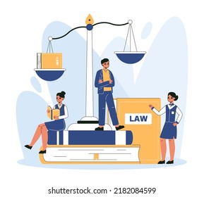 Law and justice legal service workers, lawyer, notary concept. Lawyers litigation issues, people with body of law and scales of justice vector flat illustration. Justice scene