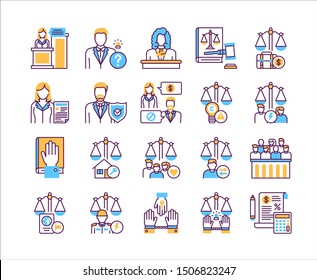 Law and justice line color icons set. Type of court. Judiciary concept. Court staff. Sign for web page, mobile app, button, logo. Vector isolated button. Editable stroke.