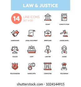 Law and justice - line design icons set. High quality pictogram. Court, constitution, handshake, legal document, briefcase, judge gavel, scales, lawyer, police badge, handcuffs, convicted, policeman