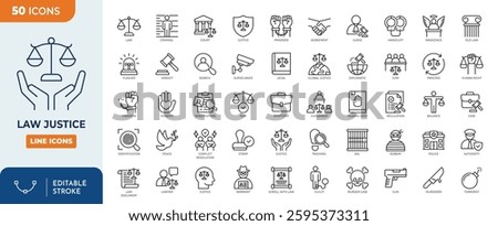 Law and justice line editable icon set. Containing Law, judgement, prison, justice, court legal, lawyer, criminal, and more. Vector illustration
