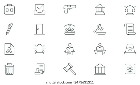 Law and justice line icon collection. Court, lawyer, judge, justice, Law, Crime, Legal, Criminal, Jail, Prison, Police, Corruption, Illegal, Drug line icon set collection. Thin outline icons vector.