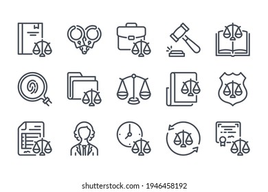 Law and justice line icon set. Judgement and Lawyer linear icons. Court of law and judge outline vector sign collection.