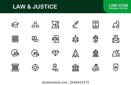 Law and Justice Line Icon Set – Modern, Professional Thin Outline Icons for Legal System, Court, Criminal Justice, Police, Crime, and Investigation