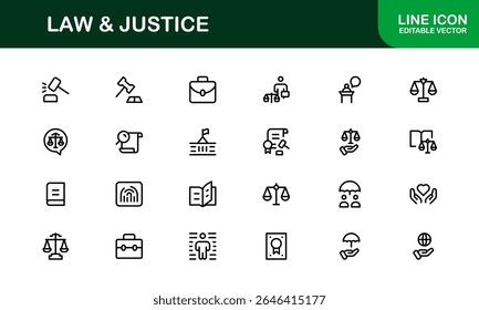 Law and Justice Line Icon Set – Modern, Professional Thin Outline Icons for Legal System, Court, Criminal Justice, Police, Crime, and Investigation