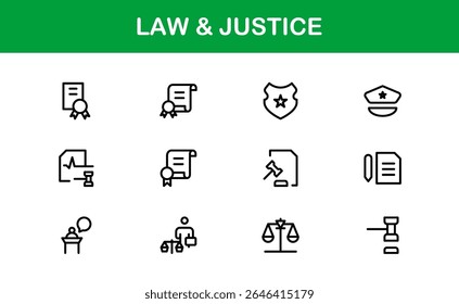 Law and Justice Line Icon Set – Modern, Professional Thin Outline Icons for Legal System, Court, Criminal Justice, Police, Crime, and Investigation