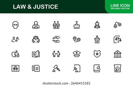 Law and Justice Line Icon Set – Modern, Professional Thin Outline Icons for Legal System, Court, Criminal Justice, Police, Crime, and Investigation