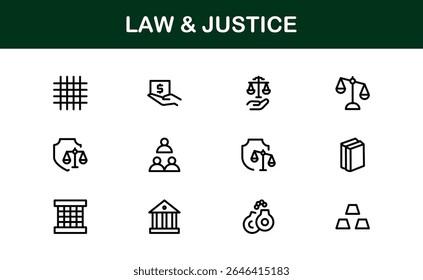 Law and Justice Line Icon Set – Modern, Professional Thin Outline Icons for Legal System, Court, Criminal Justice, Police, Crime, and Investigation