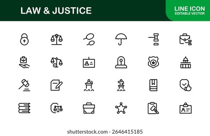 Law and Justice Line Icon Set – Modern, Professional Thin Outline Icons for Legal System, Court, Criminal Justice, Police, Crime, and Investigation