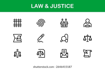 Law and Justice Line Icon Set – Modern, Professional Thin Outline Icons for Legal System, Court, Criminal Justice, Police, Crime, and Investigation