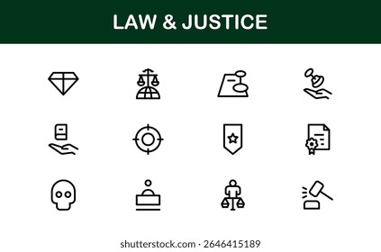 Law and Justice Line Icon Set – Modern, Professional Thin Outline Icons for Legal System, Court, Criminal Justice, Police, Crime, and Investigation