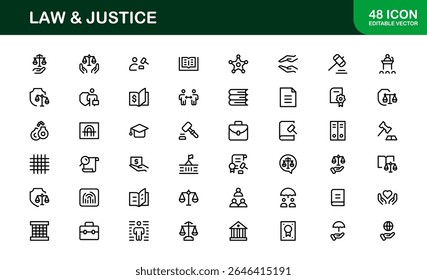 Law and Justice Line Icon Set – Modern, Professional Thin Outline Icons for Legal System, Court, Criminal Justice, Police, Crime, and Investigation