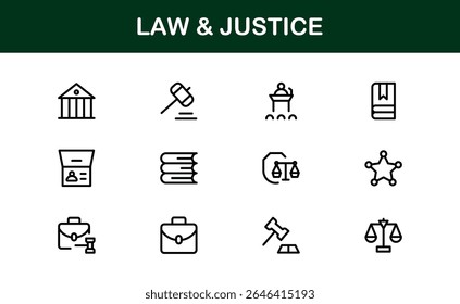 Law and Justice Line Icon Set – Modern, Professional Thin Outline Icons for Legal System, Court, Criminal Justice, Police, Crime, and Investigation