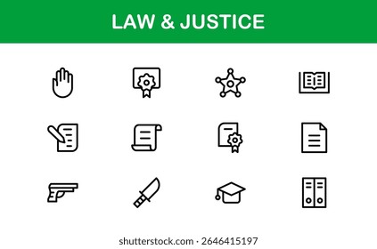 Law and Justice Line Icon Set – Modern, Professional Thin Outline Icons for Legal System, Court, Criminal Justice, Police, Crime, and Investigation