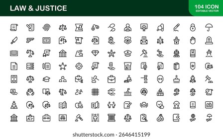 Law and Justice Line Icon Set – Modern, Professional Thin Outline Icons for Legal System, Court, Criminal Justice, Police, Crime, and Investigation
