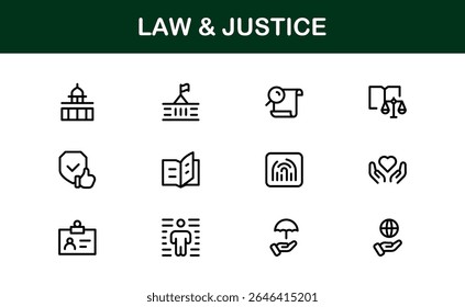 Law and Justice Line Icon Set – Modern, Professional Thin Outline Icons for Legal System, Court, Criminal Justice, Police, Crime, and Investigation
