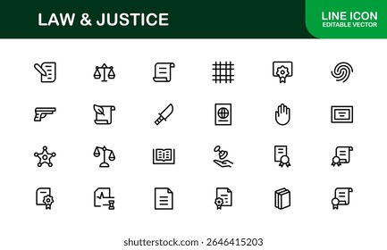 Law and Justice Line Icon Set – Modern, Professional Thin Outline Icons for Legal System, Court, Criminal Justice, Police, Crime, and Investigation
