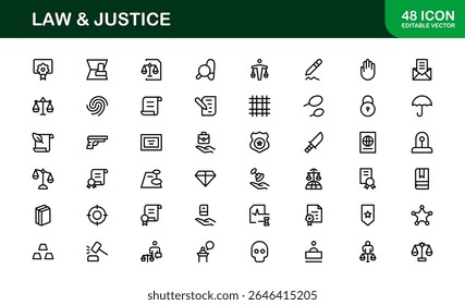 Law and Justice Line Icon Set – Modern, Professional Thin Outline Icons for Legal System, Court, Criminal Justice, Police, Crime, and Investigation