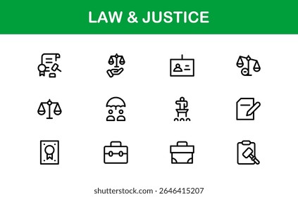 Conjunto de ícones da linha da lei e da justiça - Moderno, profissional Thin Icons de contorno para o sistema jurídico, tribunal, justiça criminal, polícia, crime e investigação
