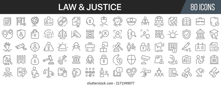 Law and justice line icons collection. Big UI icon set in a flat design. Thin outline icons pack. Vector illustration EPS10