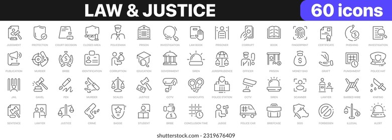 Law and justice line icons collection. Police, court, legal, crime icons. UI icon set. Thin outline icons pack. Vector illustration EPS10